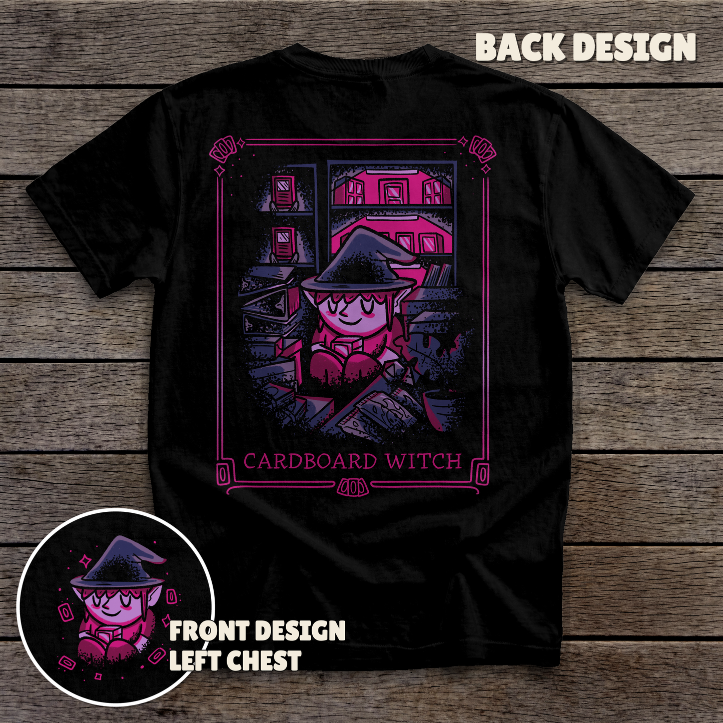 Cardboard Witch - full back print - Black tee