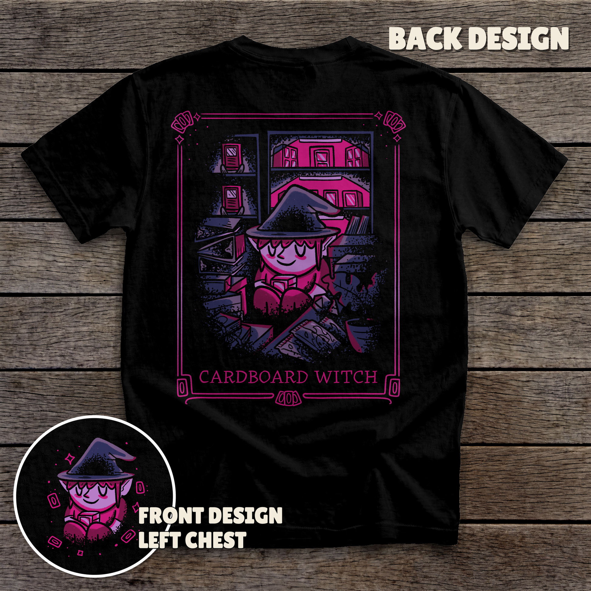 Cardboard Witch - full back print - Black tee