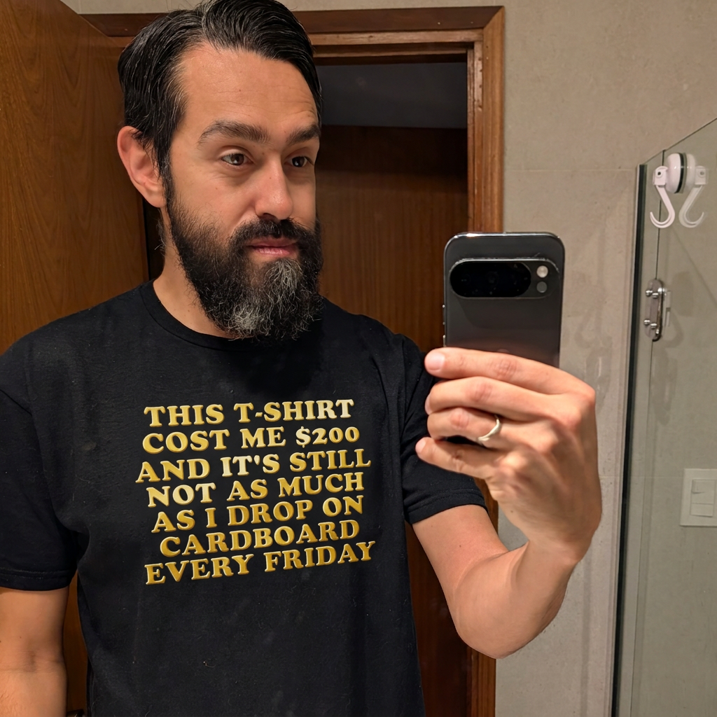 Founder photo - Aaron wearing The $200 T-Shirt in Black